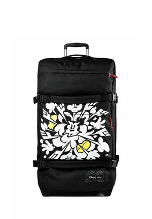 Maleta negra con ruedas y asa extensible, con un diseño abstracto de dibujos animados en blanco y amarillo y los logotipos de Disney y Eastpak.