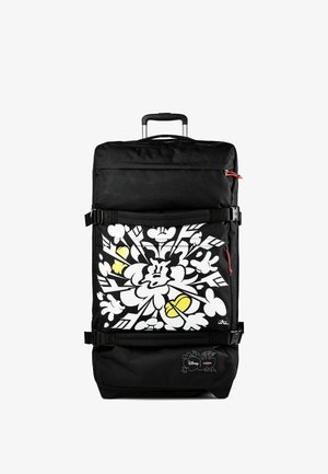 Schwarzer Rollkoffer mit ausziehbarem Griff, mit weißem und gelbem abstraktem Cartoon-Design sowie Disney- und Eastpak-Logos.