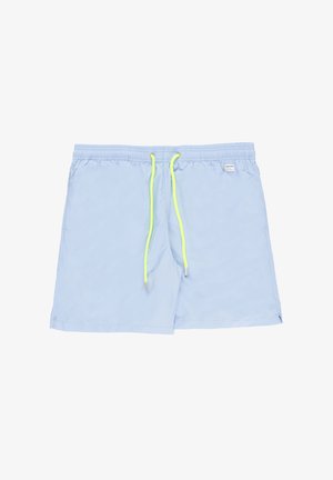 Light blue swim shorts made of smooth fabric. Features a drawstring in neon yellow with metallic tips. Includes a small brand label.