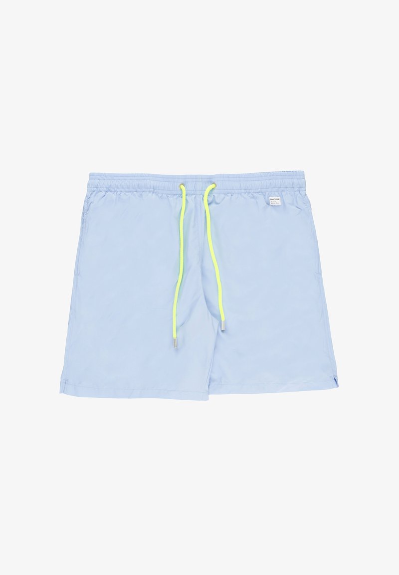 Light blue swim shorts made of smooth fabric. Features a drawstring in neon yellow with metallic tips. Includes a small brand label.