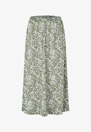 Duga, maslinasto zelena suknja s bijelim apstraktnim uzorkom. Ima elastičnu struk i slobodno pada do rubova. Mekana tekstura tkanine.