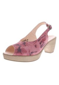 Pink floral-patterned sandal with an open toe, slingback strap, and block heel. Made of soft material with a wooden-like base.