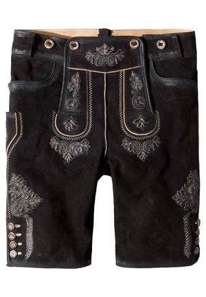 Black suede shorts with decorative silver embroidery and contrasting stitching. Features pockets and five button closures on the sides.