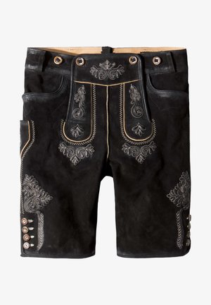 Shorts en daim noir avec une broderie argentée décorative et des surpiqures contrastantes. Comprend des poches et cinq boutons de fermeture sur les côtés.