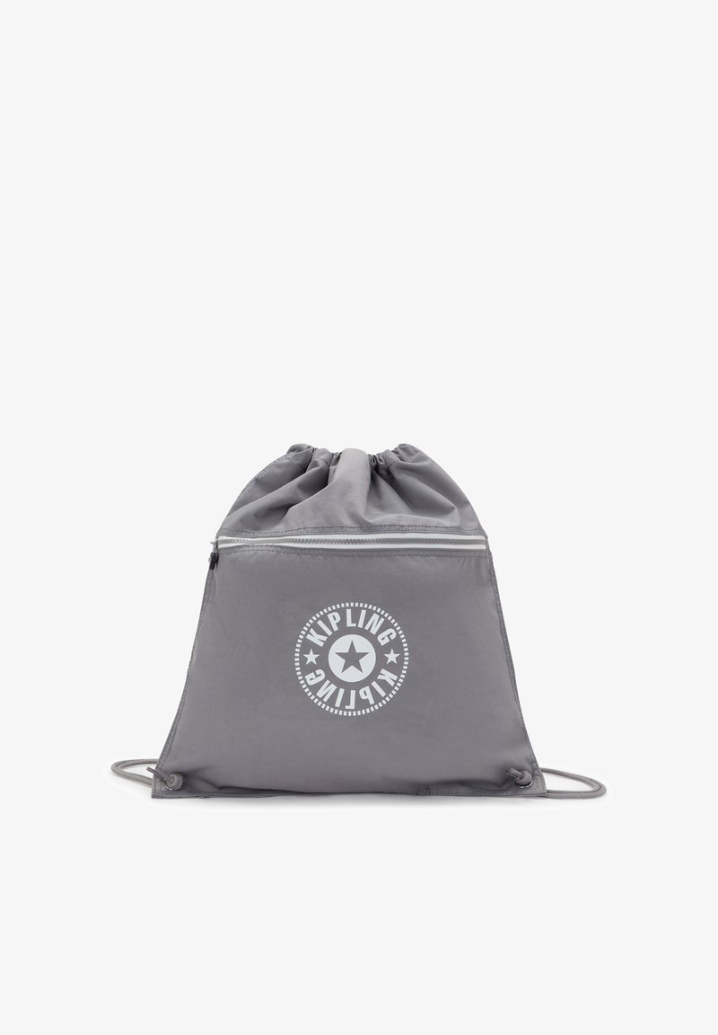 Gray drawstring bag made of lightweight material features a geometric logo and an exterior zip pocket. Smooth texture with minimal design.