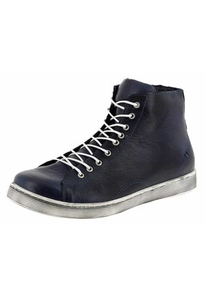 Navy leather high-top sneakers with white laces, textured surface, and a striped rubber sole. Rounded toe with a slightly elevated heel.