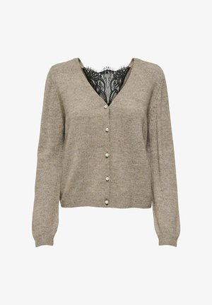 Cardigan beige con scollo a V e chiusura a bottoni, caratterizzato da bottoni perlacei. Il dettaglio in pizzo all'collo aggiunge texture e contrasto. Maniche lunghe.