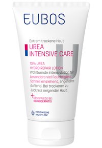 White tube with a pointed top, featuring blue and pink text. Label includes "Urea Intensive Care" and mentions 10% urea for dry skin.