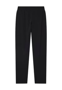 Leggings negros hechos de una tela elástica, con un diseño sencillo que incluye una cinturilla elástica y sin costuras ni patrones visibles.