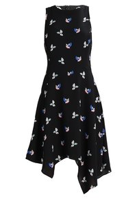 Vestido negro sin mangas con dobladillo asimétrico, que presenta un patrón floral en azul, rosa y blanco. Fabricado en tela suave, con cierre de cremallera en la parte trasera.