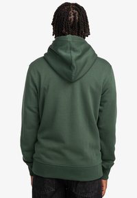 Sudadera de algodón verde con capucha ajustable, puños y dobladillo de canalé, y una textura suave, vista desde la parte posterior.