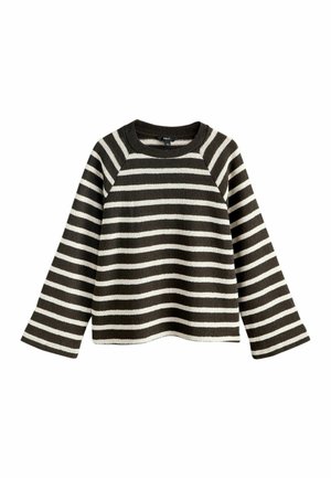 Striped pullover sweater made of a soft, textured material. Features dark gray and cream horizontal stripes, round neckline, and loose sleeves.