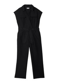 Svart jumpsuit med omslagdesign, korta ärmar, två framfickor, ett bälte i midjan och vida byxben. Mjuk textur.