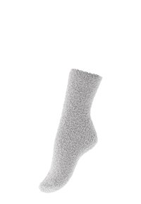 Calzino grigio fuzzy con tessuto textured, altezza a metà polpaccio e bordo superiore leggermente arruffato. Aspetto morbido senza motivi o accenti visibili.