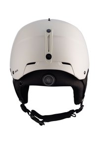Hvid skihjelm med sort polstring, justerbart rem, ventilationsåbninger og bageste justeringshjul til pasform. Mat finish.