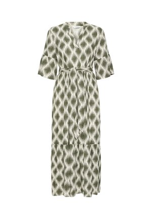 Vestido midi con estampado ikat en verde y blanco, escote en V, mangas con volantes hasta el codo y cinturón a juego de tela en la cintura.