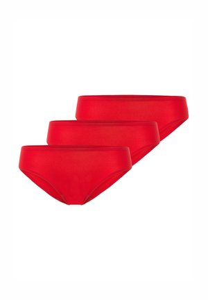 Rote Baumwollslip im Dreier-Set. Weicher, glatter Stoff mit einem niedrigen Schnitt. Aus einfarbigem Material, ohne Muster oder Verzierungen.