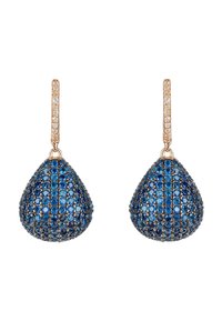 Pendientes de gema azul con forma de lágrima, que presentan un diseño pavé de diferentes tonos de azul y un acento en oro rosa. Superficie texturizada.