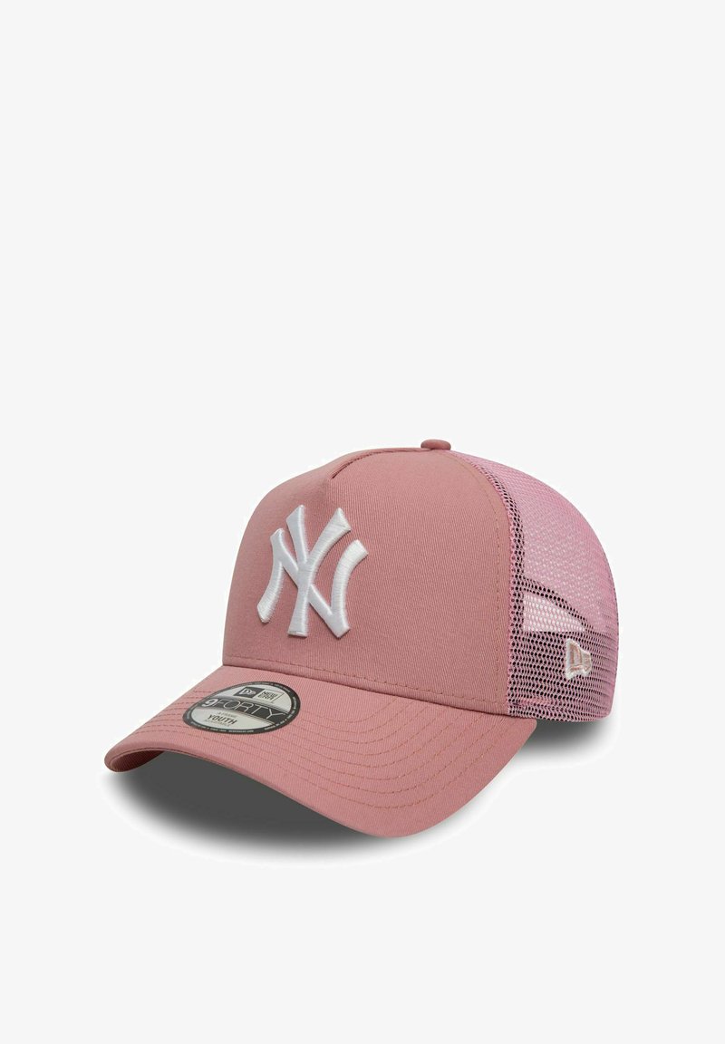 Pink baseball cap with white embroidered New York Yankees logo, mesh back, curved brim, and adjustable strap. Soft fabric texture.