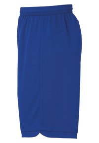 Royal blue athletic shorts made of lightweight fabric with an elastic waistband, featuring a side pocket and a slightly curved hem.