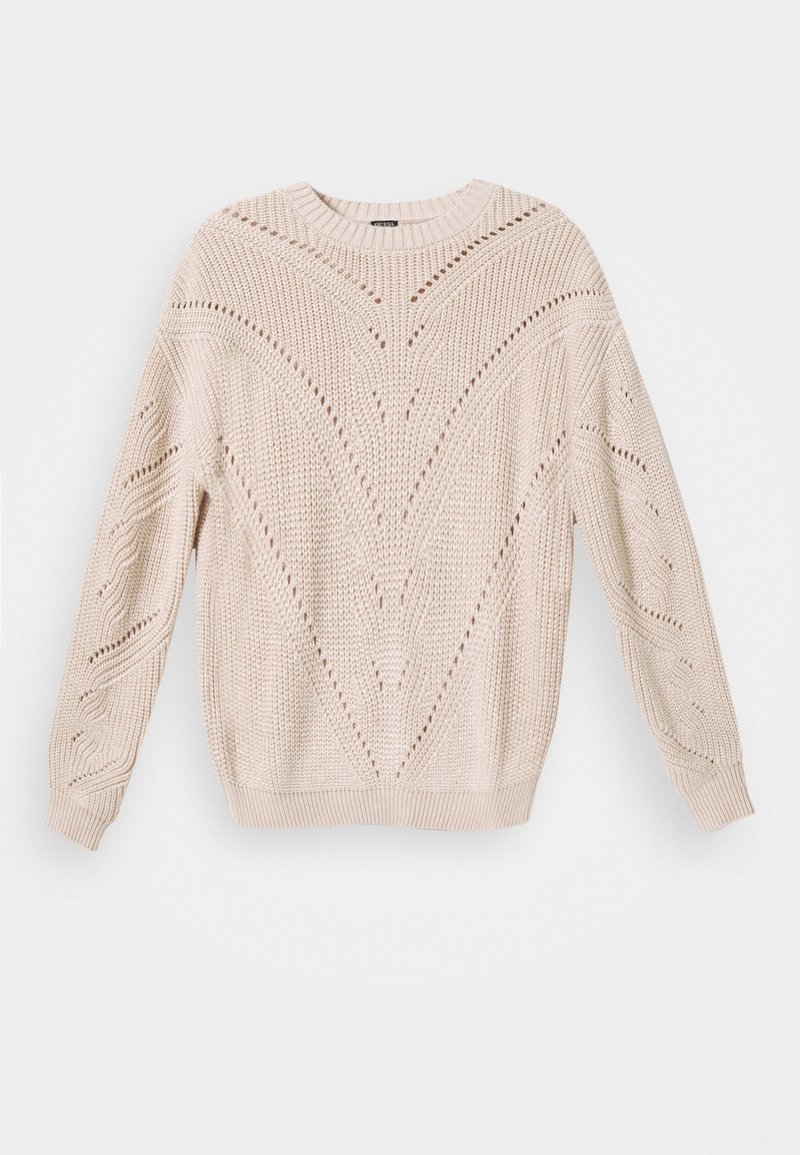 Pull beige à manches longues en tricot avec des motifs ajourés complexes et des poignets et ourlet côtelés, présenté à plat sur un fond blanc.