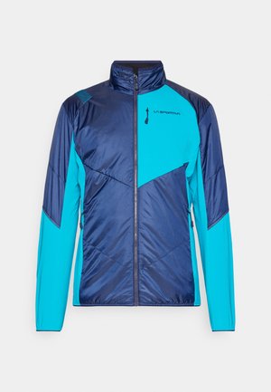Padded jacket featuring a navy and vibrant turquoise color scheme, zip front, high collar, and textured shoulder accents. Lightweight design.