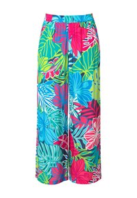 Brede broek met bloemmotief in heldere kleuren zoals blauw, roze en groen, gemaakt van lichte stof met een elastische tailleband.