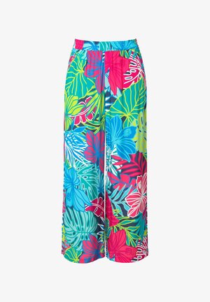 Pantalones de pierna ancha con un estampado floral que presentan colores brillantes como azul, rosa y verde, confeccionados en una tela ligera con una cinturilla elástica.