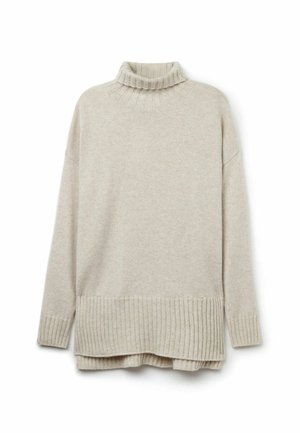 Beige striktrøje med ribbet turtleneck, lange ærmer og en nederkant med diagonal ribning. Blød tekstur og afslappet pasform.