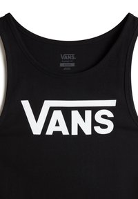 Débardeur noir sans manches avec un grand logo blanc Vans centré sur le devant, coupe classique, et étiquette de taille moyenne à l'intérieur du col.
