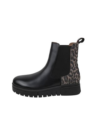 Schwarze Leder-Stiefelette mit elastischem Seitenpanel und Stoffdetails im Leopardenmuster. Dicke, strukturierte Sohle mit Rillen für besseren Halt.
