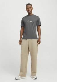 Grå bomulds T-shirt med korte ærmer og bjerggrafik. Beige sweatpants med en afslappet pasform. Hvide og sølvfarvede sneakers.