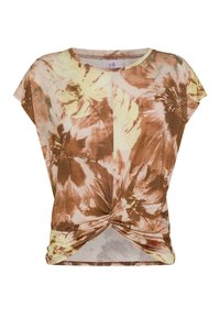 Brązowo-żółta kwiecista bluzka z krótkim rękawem i wiązaniem z przodu, wykonana z lekkiego materiału. Miękka w dotyku i o luźnym kroju.