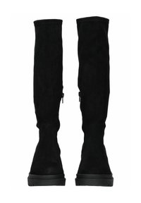 Botas de ante negras por encima de la rodilla con un diseño ajustado, que cuentan con cremalleras laterales y una suela de goma negra gruesa para mayor durabilidad.