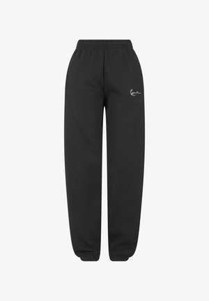 Schwarze Jogginghosen mit elastischem Bund und Bündchen an den Knöcheln. Verfügt über ein kleines weißes Logo vorne links. Hergestellt aus einem weichen, strapazierfähigen Stoff.