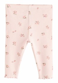Helle rosa Leggings mit gerippter Textur, verziert mit kleinen Blumenmustern in verschiedenen Rosa- und Grüntönen, abgerundet mit rüschigen Bündchen.