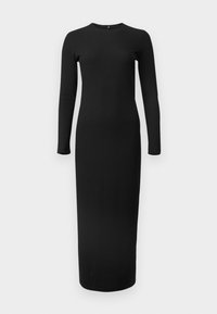 Black ribbed maxi dress with long sleeves and a round neckline, featuring a form-fitting shape and smooth texture.