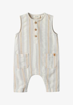 Peto sin mangas para bebé con rayas verticales en beige, gris y blanco, tres botones de madera y dos bolsillos delanteros.