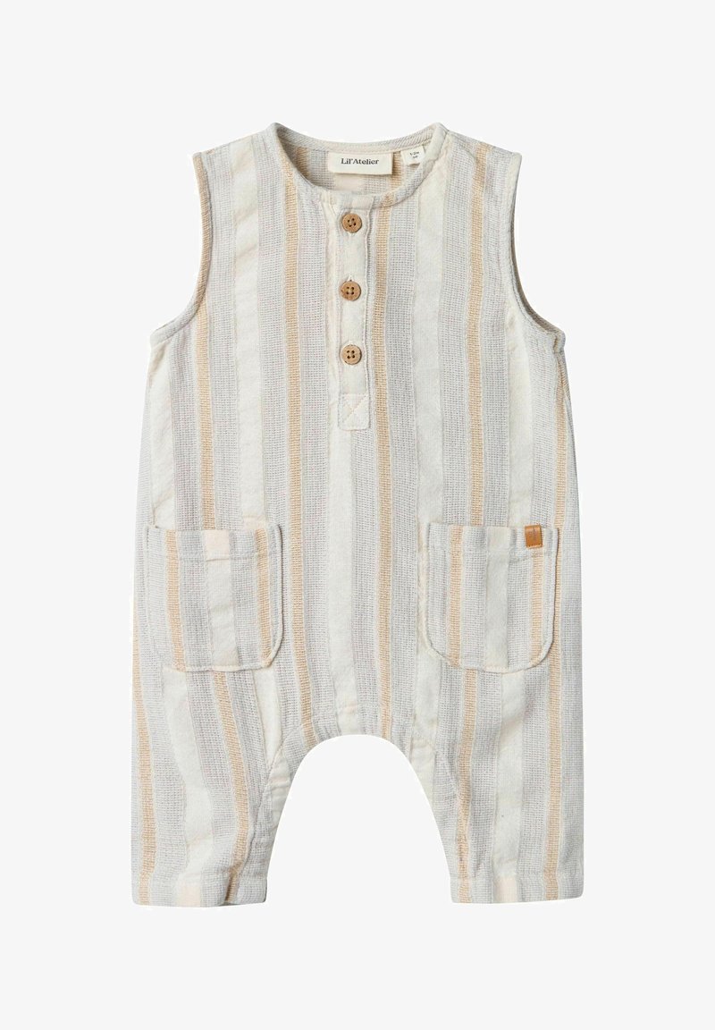Combinaison sans manches pour bébé à rayures verticales beige, gris et blanc, avec trois boutons en bois et deux poches avant.