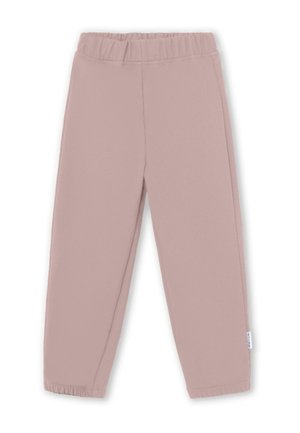 Pantalons de survêtement roses clairs en matériau doux, dotés d'une taille élastique, de jambes fuselées et de bords élastiques au niveau de l'ourlet.