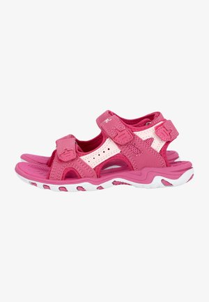 Sandales sportives roses avec des sangles ajustables, un design ventilé et des semelles en caoutchouc texturé. Semelle blanche contrastante et zone de orteils renforcée.