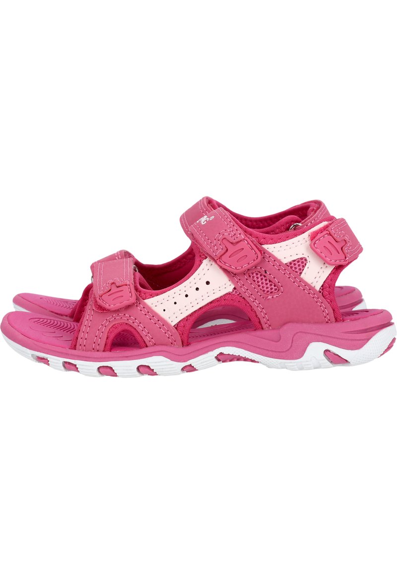 Rosa sportiga sandaler med justerbara remmar, ventilerad design och texturerade gummisulor. Kontrasterande vit sula och förstärkt tåområde.