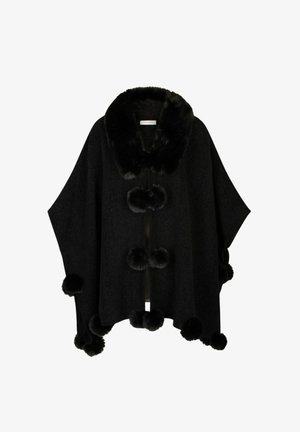 Cappotto di lana nera con colletto in pelliccia e dettagli a pom-pom lungo il davanti e l'orlo, vestibilità ampia con maniche larghe.