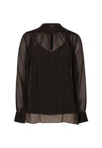 Blouse noire transparente à manches longues avec col montant, encolure goutte boutonnée et doublure intérieure unie visible à travers le tissu.