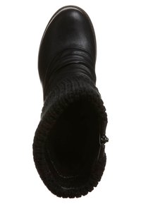 Botte noire mi-mollet avec poignet en tricot et fermeture éclair latérale, vue de dessus sur fond blanc.