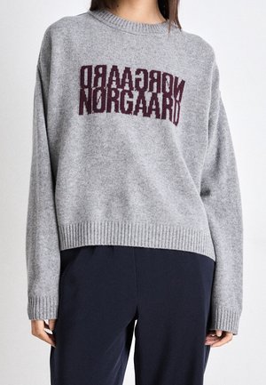Personne portant un pull en maille gris avec un texte rouge foncé inversé et un pantalon bleu marine foncé sur un fond blanc uni.