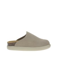 Scarpa slip-on in suede beige con punta arrotondata. Presenta un dettaglio in sughero sul retro e una suola in gomma di colore chiaro.