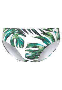 Fundo de bikini de natação com um padrão de folhas tropicais em verde e preto sobre um fundo branco. Feito de um tecido liso e elástico com um corte clássico.