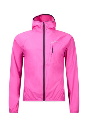 Veste légère à capuche de couleur rose vif avec une fermeture éclair noire complète et une poche poitrine zippée sur le côté droit avant.