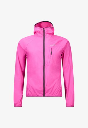 Veste légère à capuche de couleur rose vif avec une fermeture éclair noire complète et une poche poitrine zippée sur le côté droit avant.